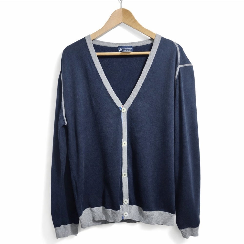Psycho Bunny Men Cardigan Navy 100% Cotton Contrast Stripe Detail XL